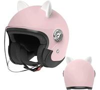 Cool Girl Pink Cat Ear Electric Motorcycle Half Face Helmet - Retro 3/4 Open Face Women's All Season Men's Scooter Moped ATV Street Jet Helmet, Quick Release