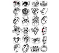 Cool Gothic Rings Set for Women Men Girls, Vintage Silver Goth Punk Rings Bulk, Hippie Chunky Grunge Rings, Skull Spider Snake Smiley Face Stackable Knuckle Rings, Metal, No Gemstone