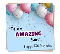 Cool Happy 18th Birthday Card For Son - Eighteen - Balloons and Confetti Design - Celebration, Colourful