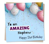 Cool Happy 21st Birthday Card For Nephew - Twenty One - Balloons and Confetti Design - Celebration, Colourful