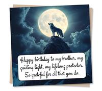 Cool Happy Birthday Card For Brother - Mountain, Full Moon, Wolf, Brave - My Guiding Light, My Lifelong Protector. So Grateful For All That You Do. - For Sibling, Relative