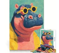Cool Hippo with Sunglasses Painting Jigsaw Puzzles for Adults1000 Pieces Mindful Game, Fine Cut, Happy Challenge, Xmas Gift (38x26cm)