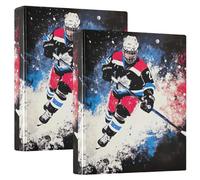 Cool Hockey Player Art 1.5 Inch 3 Ring Binders with 3 Interior Pockets, Three Ring Binder Decorative Basic Binder Notebook for School Office Home 2 Pack