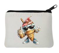 Cool Ice Cream Cone Character with Drink Neoprene Coin Purse Pouch 10x11cm White