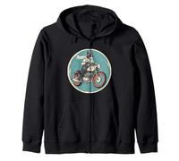 Cool Japanese Biker Cat Riding Motorcycle Retro Fun Zip Hoodie