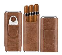 COOL KNIGHT Leather Cigar Case - Cedar Wood Lining Travel Humidors for Cigars - Cigar Accessories Include Stainless Steel Cigar Cutter - Cigar Gift Box for Cigar Lovers, Brown, Small to Medium, Formal