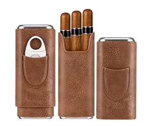 Cool Knight Leather Cigar Case - Cedar Wood Lining Travel Humidors for Cigars - Cigar Accessories Include Stainless Steel Cigar Cutter - Cigar Gift Box for Cigar Lovers, Brown, Small to Medium, Formal