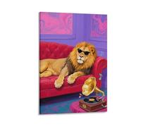 Cool Lion Poster Funky Wall Art of Sunglass-Wearing Lion Relaxing with Gramophone Retro Music Animal Print for Living Room Dorm Or Teen Bedroom Bold Funny Personality Decor Gift 08x12inch Frame