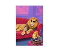 Cool Lion Poster Funky Wall Art of Sunglass-Wearing Lion Relaxing with Gramophone Retro Music Animal Print for Living Room Dorm Or Teen Bedroom Bold Funny Personality Decor Gift 20x30inch Unframe