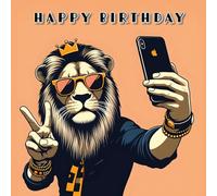Cool Lion Selfie Pose Happy Birthday Greeting Card 150mm x 150mm Square - Including Envelope - GC820SQ