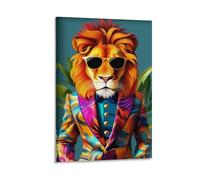 Cool Lion Wall Art with Sunglasses Colorful Safari Animal Poster in Funky Suit for Living Room Or Office Vibrant Jungle King Canvas for Modern Home Décor Gift 24x36inch Frame
