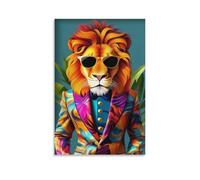 Cool Lion Wall Art with Sunglasses Colorful Safari Animal Poster in Funky Suit for Living Room Or Office Vibrant Jungle King Canvas for Modern Home Décor Gift 08x12inch Unframe