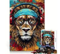 Cool Lion with Headphones Jigsaw Puzzle for Teenagers 1000 Pieces Calm Game, Fine Cut, Joyful Challenge, Room Art (38x26cm)