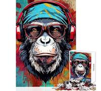Cool Monkey with Headphones Jigsaw Puzzles 1000 Pieces for Adults Peaceful Calm Stress Relief Mindful Peaceful Leisure Game (38X26cm)
