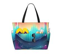 Cool Music Sound Wave Print Beach Tote Bag Waterproof Large Bags With Zipper Big Capacity For Vacation Travel