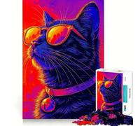 Cool Neon Cat with Sunglasses Jigsaw Puzzles for Teenagers 1000 Piece Calm Daily, Indoor Play, Joyful Challenge, Night Game (38x26cm)
