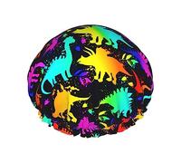 cool neon dinosaurs Reusable Shower Cap & Bath Cap Waterproof Shower Caps Large Designed for all Hair Lengths & Elastic Hair Hat