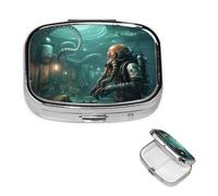 Cool Octopus Diver Pill Box 2 Compartment Square Portable Pill Case for Pocket or Purse Small Weekly Medicine Planner Travel Pillbox with Mirror Decorative Metal Vitamin Holder Gifts