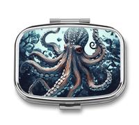 Cool Octopus Pill Box 2 Compartment, Portable Pill Case with Mirror for Pocket Purse Travel, Mini Metal Medicine Organizer for Vitamins Fish Oil