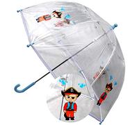 Cool Pirate Dome Kids Umbrella - Strong Windproof Clear Design | Fiberglass Ribs - Children Safe Tips - White Trim Canopy - Blue Handle and Tips