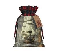 Cool Pirate Ship Christmas Drawstring Linen Gift Bag Paired With Scottish Plaid Fabric, With A Delicate And Simple Texture