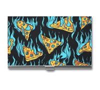 Cool Pizza Slices Blue Flame Business Card Wallet Credit Card Holder Metal Square Small Pocket Purse