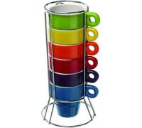 Cool Products Stackable Espresso Coffee Mugs Set, 6 Ceramic Cups with Metal Stand, Multi-Coloured