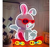 Cool Rabbit Skateboard Neon Sign, Cute Cartoon Bunny with Sunglasses LED Neon Light, Dimmable USB Powered Wall Decor for Kids Bedroom Game Room Party Bar Man Cave Aesthetic Art Decoration