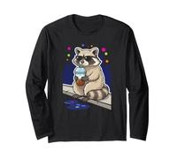 Cool Raccoon Drinking Iced Coffee in City Night Streets Long Sleeve T-Shirt