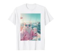 Cool Relaxed Cat on a Yacht Boat with Shark Funny Cat Meme T-Shirt
