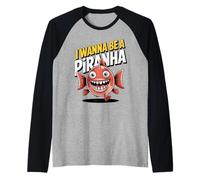 Cool Retro Cheerful Vintage Aesthetic Teeth Detailed Piranha Raglan Baseball Tee