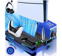 Cool RGB LED PS5 Stand and PS5 Cooling Station with Dual Controller Charging, 3 Adjustable Speeds PS5 Fan Cooler for PS5/PS5 Slim,Playstation 5 PS5 Accessories with Headset Holder and Storage Slots