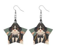 Cool Rich Gangster Boss Cat Wooden Earrings for Women, Vintage Elegant Wood Jewelry, Lightweight Earrings for Wedding, Party, Everyday Jewelry Gift, Apricot shaped, Wood, wood