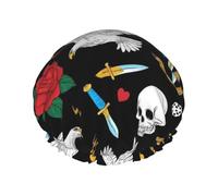 Cool Rock Wild Bird Red Roses Skull Flower Shower Cap For Women Waterproof Bath Cap Stylish Shower Caps For All Hairstyles Bathing Braids