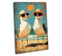 Cool Seagulls Canvas Wall Art Print - Framed or Unframed Retro Coastal Beach Theme Picture (14x20 Inch / 35x51cm)