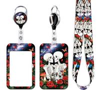Cool Skeleton Badge Reel with ID Card Holder Lanyard Skull Heavy Duty Retractable Badge Holder Reel Clip Cute Rose Flowers & Butterfly Lanyard ID Holder for Keys Name Tag,for Nurses Staff & School ID