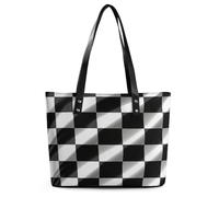 Cool Skull Graphics Leather Tote Bag for Women Top Handle Purses Handbags Casual Work Tote Travel Shoulder Bag, Black White Race Checkered Flag, 29*34*14cm