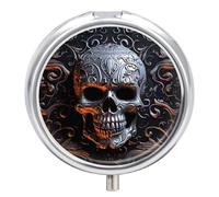 Cool Skull Graphics Pill Box 3 Compartment Travel Pill Organizer with Small Mirror Portable Pillcase for Pocket & Purse Cute Round Medicine Case Weekly Medicine Container