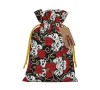 Cool Skull Head And Roses Print Christmas Drawstring Holiday Candy Bag Xmas Sacks Reusable Wrapping Bags Party Favor