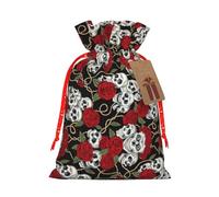 Cool Skull Head And Roses Print Christmas Drawstring Holiday Candy Bag Xmas Sacks Reusable Wrapping Bags Party Favor