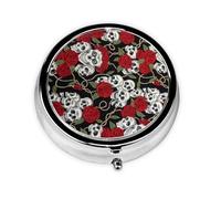Cool Skull Head and Roses Print Round Pill Box,Portable Mini Metal Pill,Pill Box 3 Compartment Medicine Pill Case