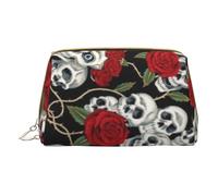 Cool Skull Head and Roses Printed Leather Makeup Bag for Women Girls - Small Portable Travel Cosmetic Organiser Toiletry Bag