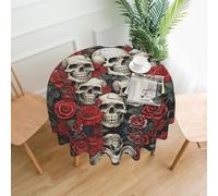 Cool Skull Head And Roses Printed Round Tablecloth,Dust-Proof Wrinkle Resistant Table Cover Washable Polyester Table Cloth For Kitchen Dining Room Farmhouse Picnic Indoor Outdoor(Round 60 Inch)