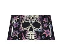 Cool Skull Placemats Set of 6 PCS, Woven Place Mats for Dining Table Decor, Non-Slip Heat Resistant Table Mats Indoor Outdoor Washable PVC Kitchen Hot Pads 12x18 Inch