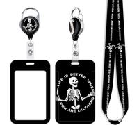Cool Skull Skeleton ID Lanyard Card Holder & Retractable Badge Reel Clip Cute Neck Lanyard for Keys ID Badges for Men Women Kids Teens Teachers Cute Funny Work Keychain Retractable Badge Holder Reel