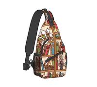 Cool Sling Backpack Compatible with Sleeping Cat Library Bookshelf, Lightweight Sling Shoulder Bag, Outdoor Chest Crossbody Bike Gym Runner Daypack with Adjustable Strap for Men Women