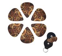 Cool Steampunk Gears Guitar Picks 6 Pack, 0.46mm Thickness Celluloid Bass Pick with Leather Guitar Pick Holder Keychain Abstract Art Pics Plectrum for Acoustic Electric Guitar, Ukulele, Bass