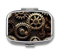 Cool Steampunk Gears Pill Box - 2 Compartment Travel Pill Organizer with Small Mirror, Portable Pillcase for Pocket & Purse, Cute Square Medicine Case, Weekly Medicine Container