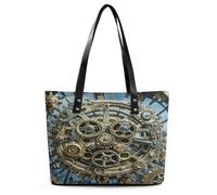 Cool Steampunk Gears Tote Bag Large Soft Leather Purse with Zipper Lightweight Ladies Shoulder Handbag