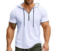 Cool Stuff Under 10 Pounds Summer Clothes for Men Men's Summer Hooded Sports American Zipper Solid Color Shirt Smart Casual T Shirts for Men UK Fashion Tshirts Large White